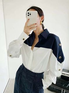 Color: Dark Blue, Size: 2X French Women Style, Blue And White Shirt, Style Français, Korean Casual, The Office Shirts, Trendy Shirts, Women Shirts Blouse, Matching Shirts, White Shirt