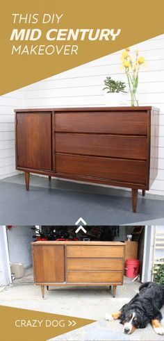 an old dresser is transformed into a dog bed