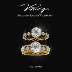 two wedding rings with diamonds on top and the words vintage engagement ring and wedding set below