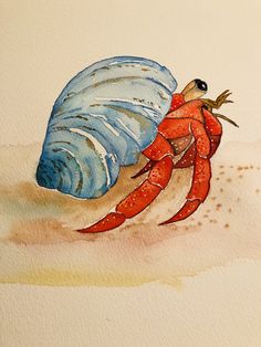 a watercolor painting of a red crab with a large blue shell on the beach