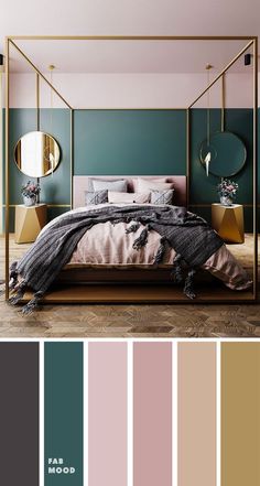 a bedroom with green walls, gold accents and pink bedding in shades of teal