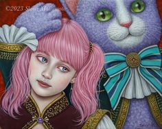 a painting of a girl with pink hair next to a purple and white cat,