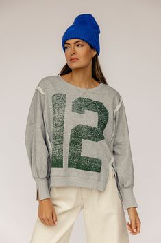 The Number 12 Pullover – ROOLEE Number Graphic, Style Aesthetic, Denim Accessories, Swimwear Brands, Oversized Sweatshirt, Grey Fashion, Long Sleeve Sweatshirts, Long Sleeve Tee, Quality Clothing