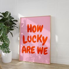 a pink poster with the words how lucky are we on it next to a potted plant