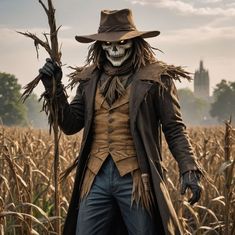 a scarecrow in a hat and coat standing in a cornfield