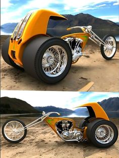 two views of an orange and black motorcycle on the beach with mountains in the background