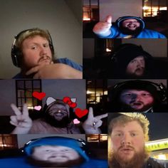 multiple pictures of people with headphones and hearts on their faces, one man is making the peace sign