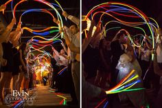 two pictures of people dancing with colorful lights in the dark and onlookers