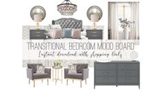 a bedroom mood board with gray furniture and white curtains, chandelier, mirror, dresser