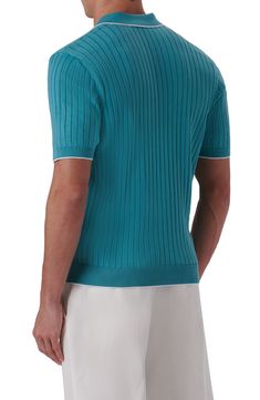 A cotton-rich ribbed knit textures a short-sleeve polo sweater edged in neat contrast for a go-anywhere look. 28" length; 33" chest Spread collar Short sleeves 90% cotton, 10% nylon Dry clean Made in Turkey Fitted Ribbed Short Sleeve Polo Shirt, Fitted Short Sleeve Tops With Ribbed Cuffs, Fitted Blue Polo Sweater With Short Sleeves, Ribbed Cotton Short Sleeve Polo Shirt, Fitted Short Sleeve Blue Polo Sweater, Blue Fitted Short Sleeve Polo Sweater, Fitted Blue Short Sleeve Polo Sweater, Classic Short Sleeve Textured Knit Polo Sweater, Short Sleeve Polo Sweater With Ribbed Collar For Spring