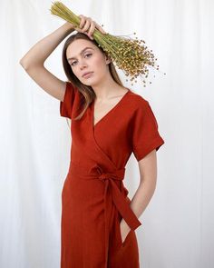 Red Linen Dress, Wrap Dress, Linen LoungewearD E S C R I P T I O N- Wrap around linen dress- Straight cut- Elegant V-shaped neckline- Short dolman style sleeves- Side seam pockets- Midi long dress, below the knee lengthD E T A I L S- Name: TOKYO- Sizes: XS - XXL- Color: Mustard, Dusty peach, Salmon, Terracotta, Burgundy red, Cacao, Pine green, Chartreuse green, Milky white, Dusty Lavender, Light Grey, Mint, Sky blue, Blue, Deep blue, Striped grey, Grey, Charcoal grey, Black.- 100% European soft Red Short Sleeve Dress With Tie Waist, Solid Color Spring Wrap Dress, Summer Solid Color Knee-length Wrap Dress, Solid Knee-length Wrap Dress For Summer, Red Linen Short Sleeve Dress, Red Linen Dress With Short Sleeves, Red Short Sleeve Linen Dress For Spring, Red Short Sleeve Linen Dress For Summer, Red Linen Short Sleeve Dress For Summer