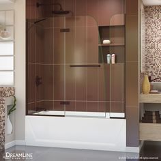 a bathroom scene with focus on the bathtub and shower stall, it appears to be in brown tones