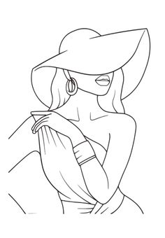 a drawing of a woman wearing a hat and holding her hand to her chest,