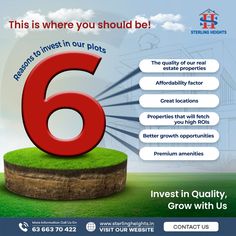 a flyer for an investment firm with the number six on it and green grass in front