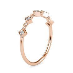 Stamped: 14K Total Ring Weight: 1.3 Grams Diamond Weight: 0.11 Carat (F-G Color, VS2-SI1 Clarity) 1.5x1.5 Millimeters Diamond Quantity: 5 SKU: [601794] 14k Rose Gold Stackable Rings Fine Jewelry, Luxury Rose Gold Stackable Rings With Rose Cut Diamonds, Luxury Princess Cut Diamond Ring In Rose Gold, Luxury Rose Gold Princess Cut Diamond Ring, Modern Rose Gold Stackable Diamond Ring, Modern Rose Gold Rings With Rose Cut Diamonds, Luxury Princess Cut Rose Gold Rings, Luxury Rose Gold Princess Cut Rings, 14k Rose Gold Single Cut Diamonds Ring