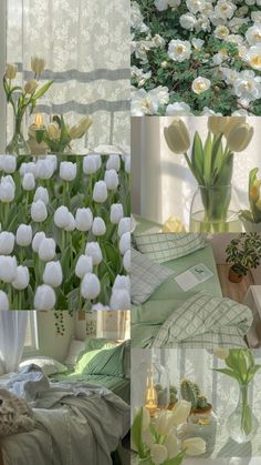 a collage of photos with white flowers in vases and other things on the table