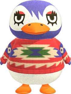 a toy penguin with an ugly sweater on it's head and eyes, standing in front of a white background