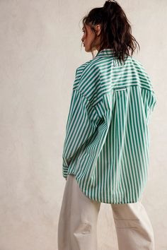 We The Free Freddie Striped Shirt | Free People Green Striped Button Down Shirt Outfit, Styling Mens Shirts For Women, Oversized Striped Shirt Outfit, Striped Button Up Shirt Outfit, Green Striped Shirt Outfit, Stripe Shirt Outfit, Oversized Button Up Shirt Outfit, Purple Striped Shirt, Autumn Shirt Outfit