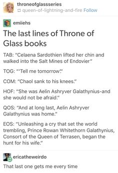 the last lines of throne of glass books are shown in this screenshot from twitter