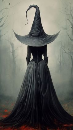 a woman in a long black dress with a large hat on it's head