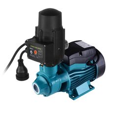 a blue and black water pump on a white background