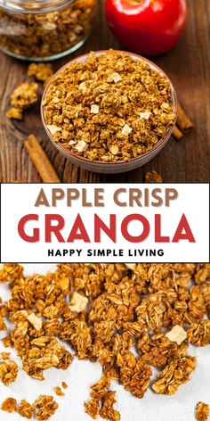 an apple crisp granola is in a glass bowl