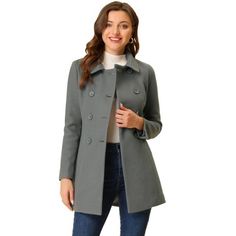 Timeless, sophisticated, and versatile, the peacoat is an essential piece for your wardrobe. Cut in a short tailored silhouette with doll collar, slanted pockets, and fastens with a double-breasted front of black buttons. Combining the warm embrace of wool with a feminine silhouette, it's a style that will keep you warm and define your figure. Wear over chunky knitted jumpers for a playful take on cold-weather textures. The fabric is soft, breathable, and comfortable to wear, good quality and ch Winter Pea Coat, Winter Overcoat, Long Overcoat, Doll Collar, Double Breasted Trench Coat, Long Trench, Long Trench Coat, Wool Peacoat, Feminine Silhouette