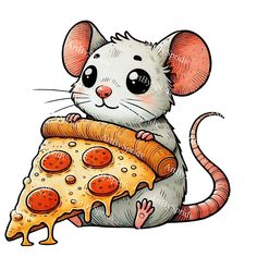 a cartoon rat eating a slice of pizza with cheese on it's side,