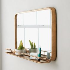 a mirror hanging on the side of a wall next to a shelf filled with plants