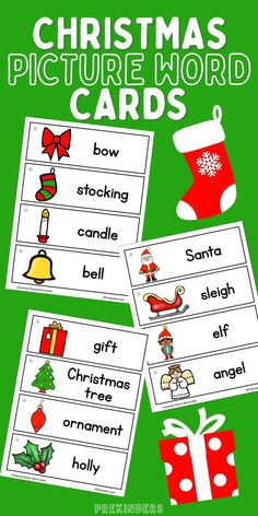 This set of Christmas picture word cards includes 17 Christmas-related words with pictures. Words include tree, ornament, Santa, elf, gift, stocking, and more. Create a picture dictionary, use it on a word wall, or use the cards to spell words with magnetic letters or letter tiles. Use these Christmas-themed word cards to make learning literacy fun in your classroom this holiday season! Free Christmas Alphabet Printables, Christmas Words List, Elf Candy Cane, December Activities, Homeschool Writing, Letter Tiles, Holiday Words, Picture Dictionary, Christmas Picture