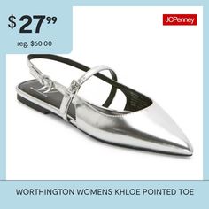 These Worthington women's Khloe pointed-toe ballet flats are an on-trend style to add into your wardrobe mix. Made from a silver-tone metallic faux leather, this closed-toe shoe has an open back with dual strap closures to keep your feet in place. Wear them with skinny jeans and a shirt or a dress. Closure Type: BuckleShoe Heel Height: 1/2 InchUpper/Outer Base Material: 100% TextileShoe Lining Material: PolyurethaneSole Material Content: 100% Thermoplastic-RubberToe Type: Pointed Toe, Closed To… Shoes Ballet Flats, Closed Toe Shoes, Trend Style, Ballet Flat Shoes, Ballet Flats, Open Back, Heel Height, Silver Tone, Faux Leather