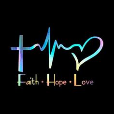 the word faith hope love written in rainbow colors on a black background with a heart