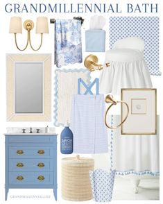 a blue and white bathroom with gold accents