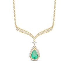 Wow her with the style and grace of this necklace from the Natural Precious Gemstones by KAY collection. Created in 10K yellow gold, this drop design features a chevron neckpiece decorated with round-cut diamonds. Below, a pear-shaped emerald dangles in a pear-shaped halo frame of round-cut diamonds topped with a single diamond bridge. Sparkling with a total diamond weight of 1/3 carat, this 18-inch cable chain necklace secures with a lobster clasp. Diamond Drop Necklace, Diamond Top, Cable Chain Necklace, Necklace Clasps, Drop Design, Emerald Stone, Diamond Drops, Accessories Jewelry Necklace, 3 Carat