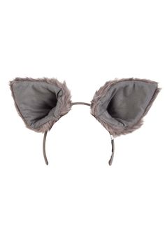 a cat ears headband is shown on a white background and has grey fur lining it