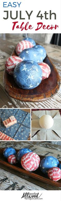 an easy 4th of july table decoration with red, white and blue rocks on a wooden tray