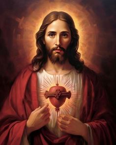 jesus holding a heart in his hands with the light shining through it's eyes