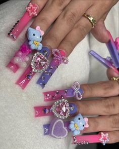 Nail Piercing, Nail Charm, Punk Nails, Hello Kitty Nails, Dope Nail Designs, Exotic Nails, Long Acrylic Nails Coffin, Long Square Acrylic Nails