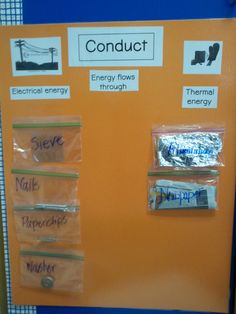 an orange refrigerator with magnets and labels on the doors that say conduct, energy flows through