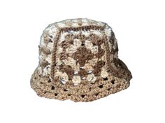 Granny square brown and beige bucket hat Handmade Brown Cloche Hat With Wide Brim, Handmade Brown Wide Brim Bucket Hat, Vintage Brown Handmade Sun Hat, Vintage Handmade Brown Sun Hat, Handmade Vintage Brown Sun Hat, Handmade Brown Bucket Sun Hat, Vintage Brown Wide Brim Bucket Hat, Handmade Brown Bucket Hat With Curved Brim, Handmade Brown Bohemian Bucket Hat