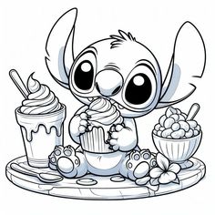 stitchy eating cupcakes and drinking milkshake