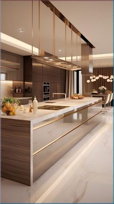 a modern kitchen with marble counter tops and stainless steel appliances, along with an island in the middle