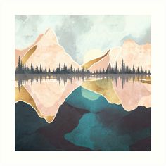 an abstract painting with mountains and trees in the background on a canvas wall art print