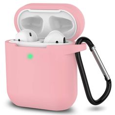 the pink case is holding two airpods in it's side and has a black handle