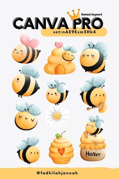 bees and honeycombs with the words canva pro written below them in different languages