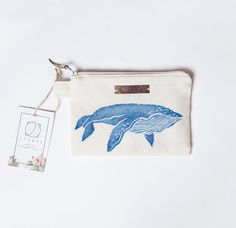 Whale Zipper Jewelry Pouch, Pencil Case, Purse, Cosmetic bag with handmade print Gift Cosmetic Pouch With Pen Slots, Rectangular Zipper Pouch Pencil Case As Gift, Pencil Shaped Zipper Pouch As Gift, Gift Cosmetic Bag With Pen Holders, Blue Pencil Case With Removable Pouch As A Gift, Artistic Zipper Pencil Case As Gift, Artistic Rectangular Pouch For Everyday Use, Handmade Blue Cosmetic Bag For Gift, Artistic Rectangular Pencil Case