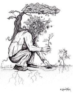 a drawing of a man kneeling down next to a tree with flowers growing out of it