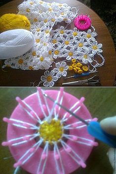 crochet flowers and yarn being made on a table