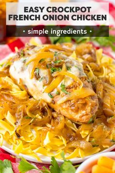 an easy crockpot french onion chicken recipe on a plate