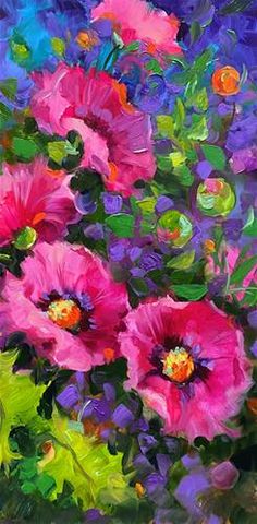 an oil painting of pink and purple flowers